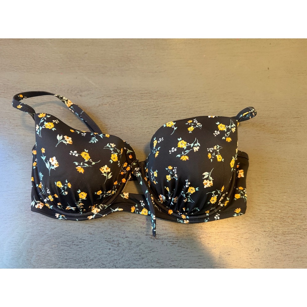 Shade & Shore Black Floral Underwire Bikini Top 34DD Yellow Flower Swimwear